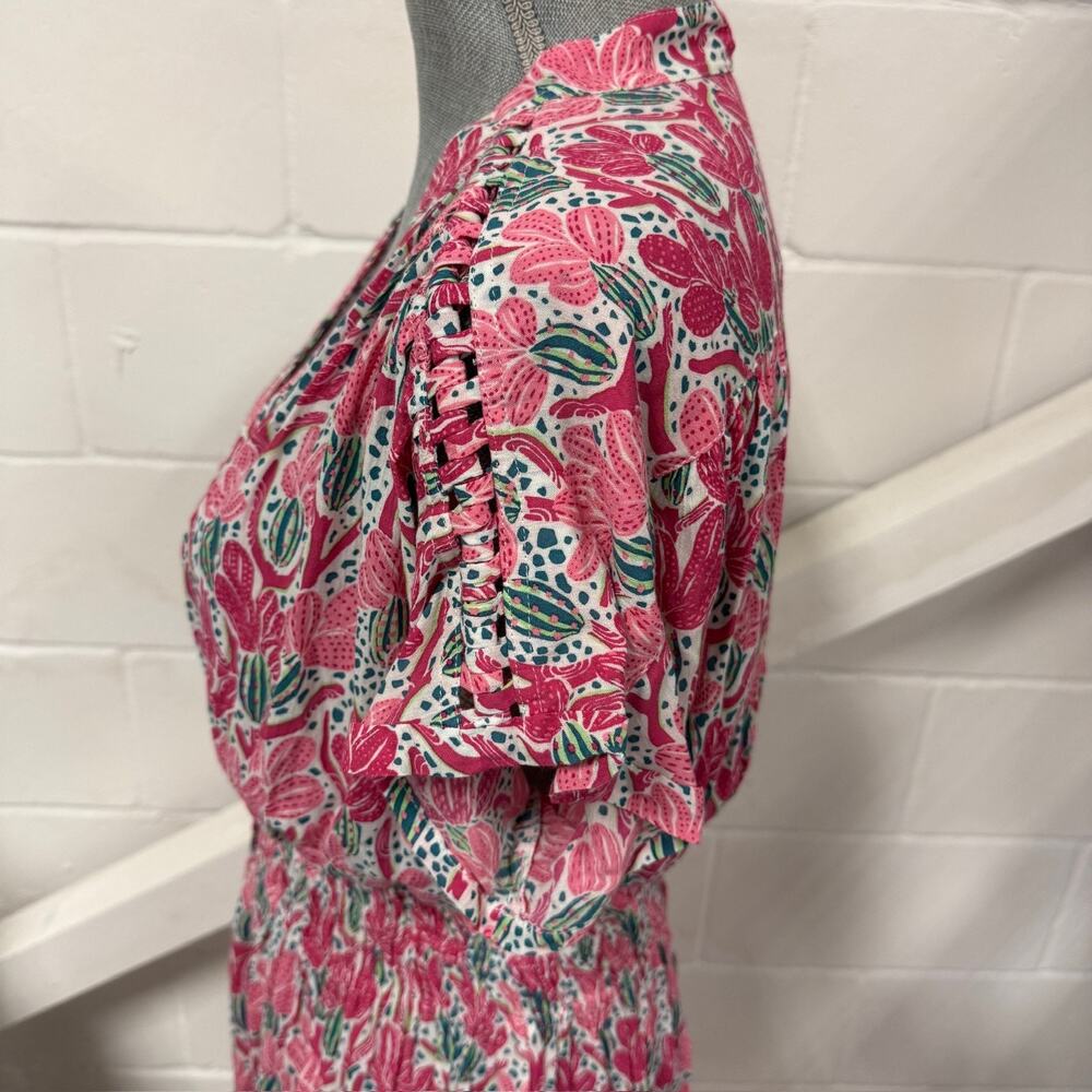 Poupette St Barth Becky Pink Kaktus Print Button Front Short Sleeve Maxi Dress - Picture 7 of 14
